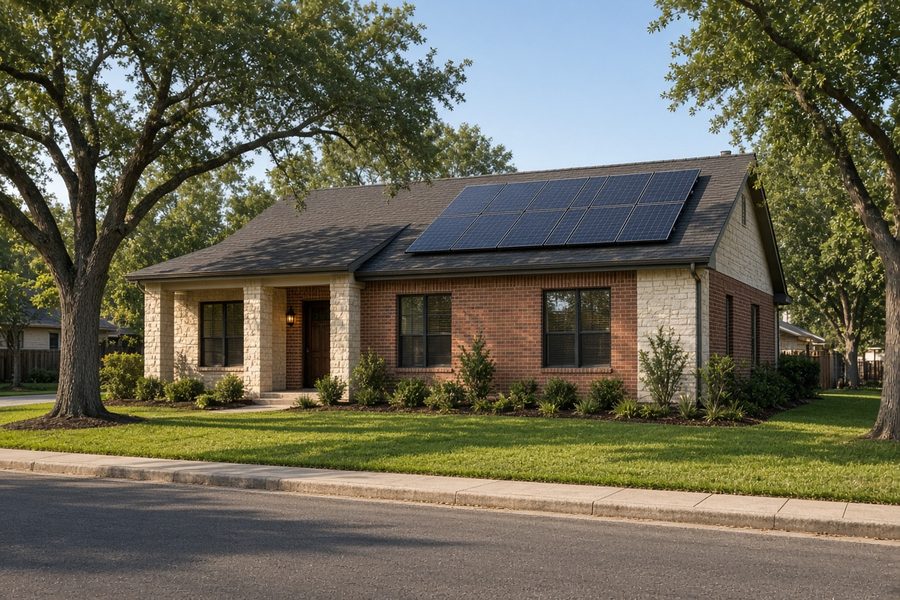 A single-storey brick and limestone house on a quiet Houston street in late-afternoon sun, with a row of solar panels on the pitched roof and mature oaks shading the front lawn.